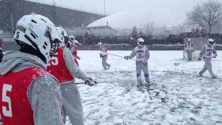 Brown lacrosse tryout snow practice